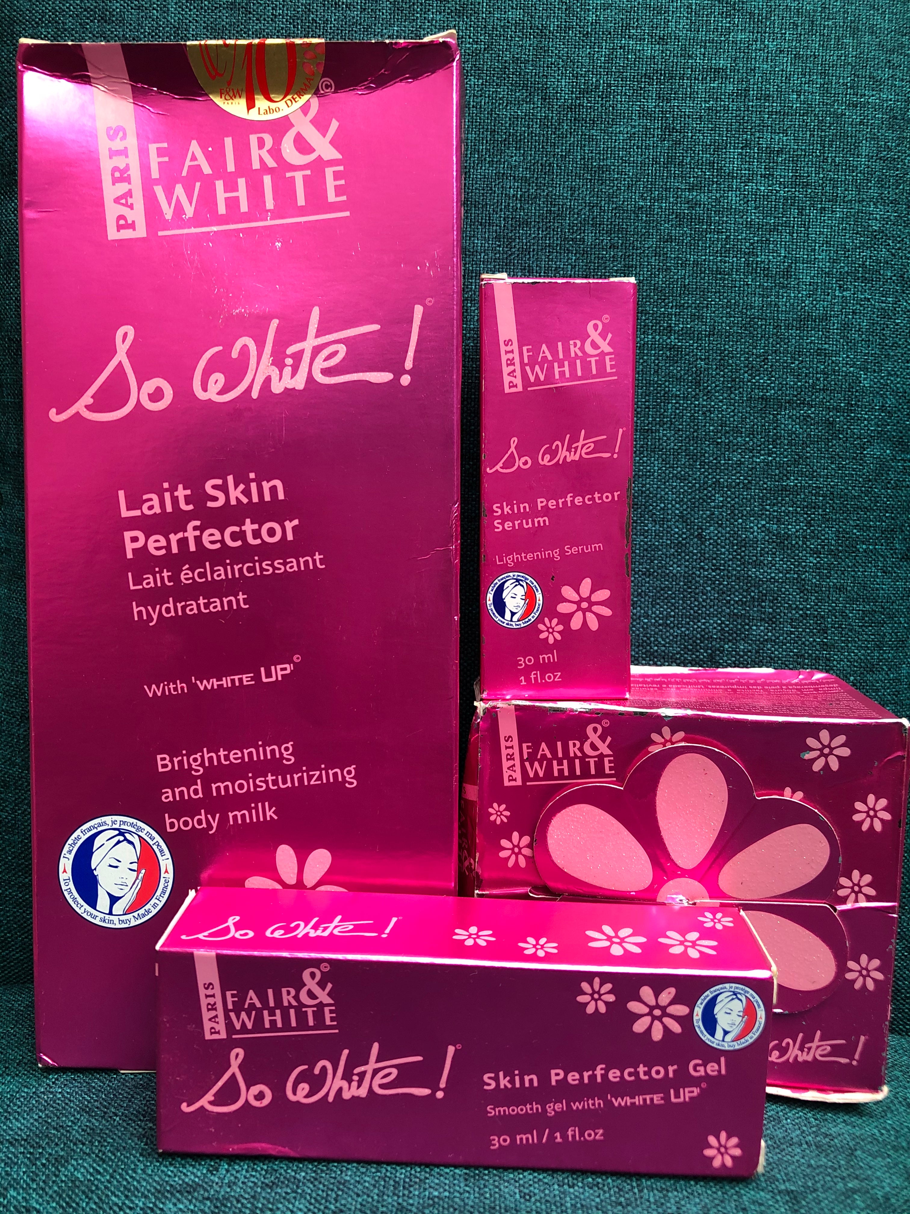 fair and white so white brightening and moisturizing body milk set ; Lotion + Serum + Soap + Gel - Afro Body Glow