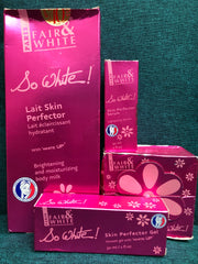 fair and white so white brightening and moisturizing body milk set ; Lotion + Serum + Soap + Gel - Afro Body Glow