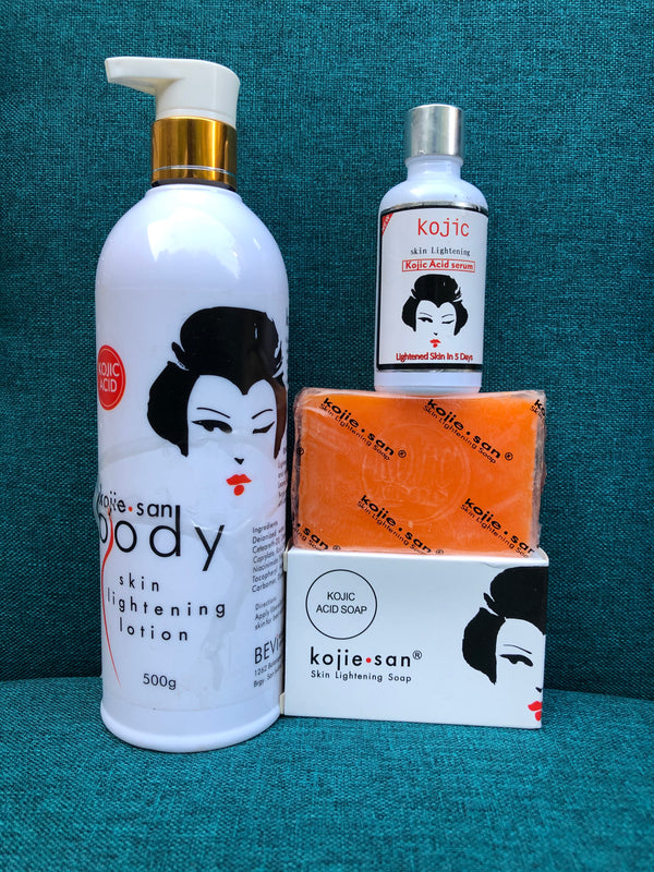 Kojie San Body Skin Lightening Lotion 500g + Serum + Soap.