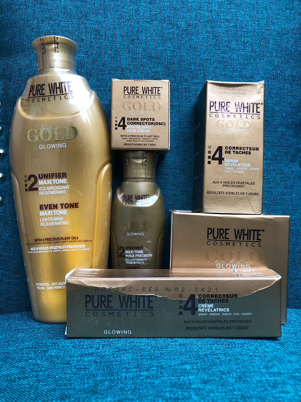 Pure White Gold Glowing Maxi-tone Lightening 6 pcs set, Lotion 400ml + Serum + Oil + Soap + Face cream + Tube