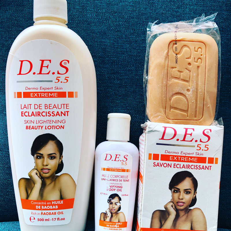 D.E.S 5.5 Skin Lightening beauty Lotion 500ml + Oil + Soap - Afro Body Glow