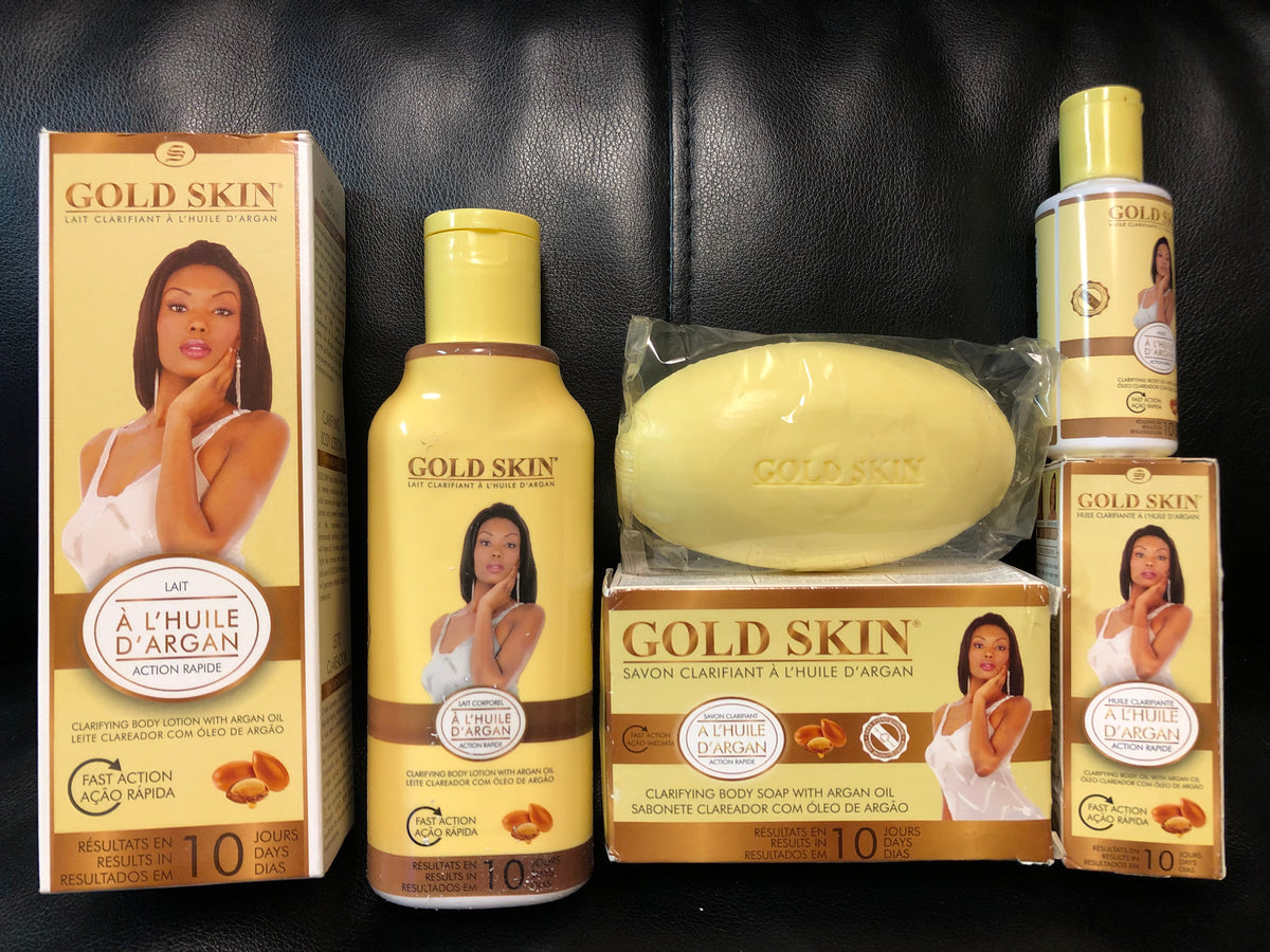 Gold skin Clarifying Body Lotion With Argan Oils 3 pcs Set, Lotion, Oils and soap - Afro Body Glow