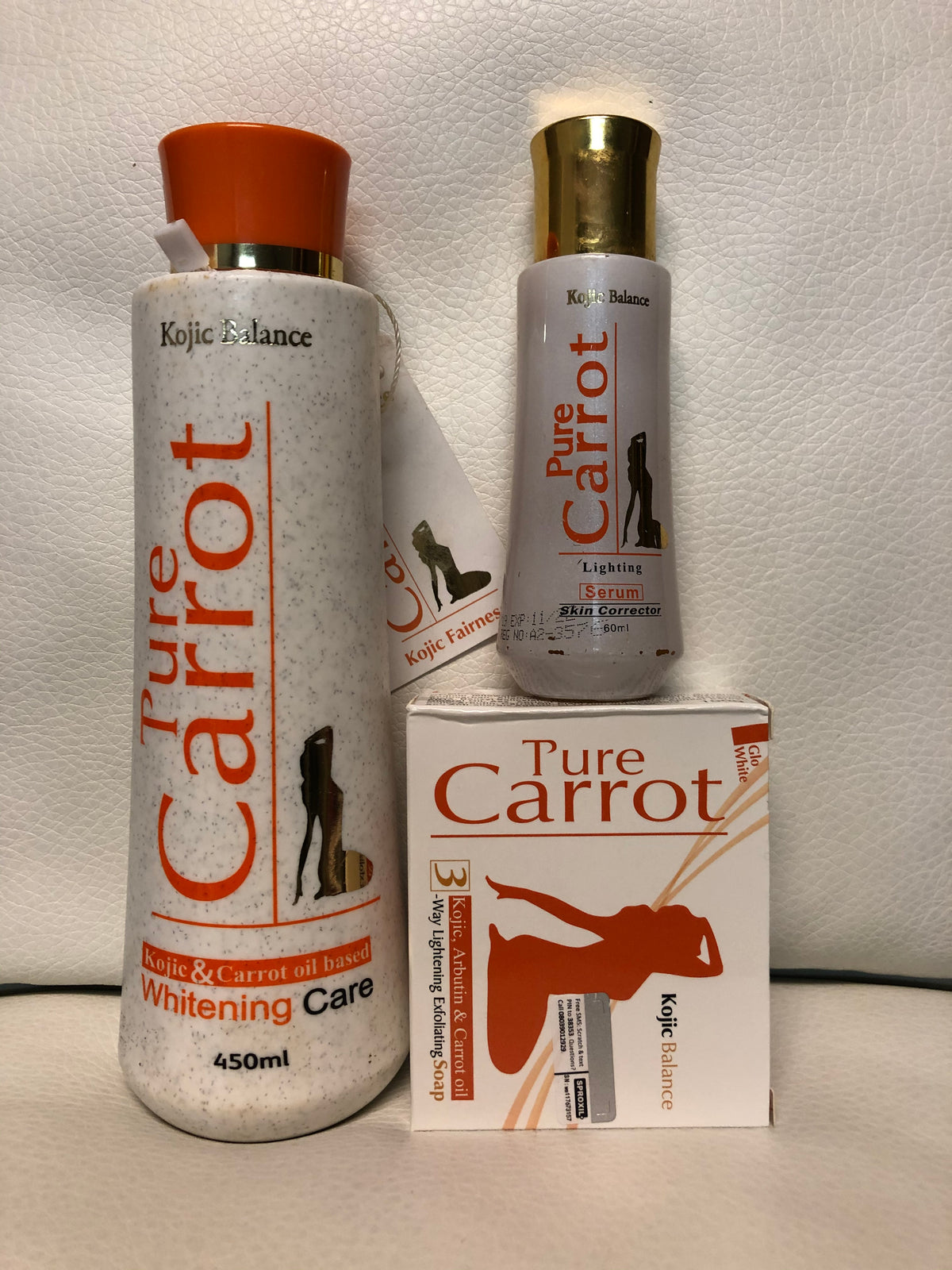 Pure Carrot Kojic Balance Whitening Care With Carrot Oil Set: Lotion 450ml, Serum and Soap - Afro Body Glow