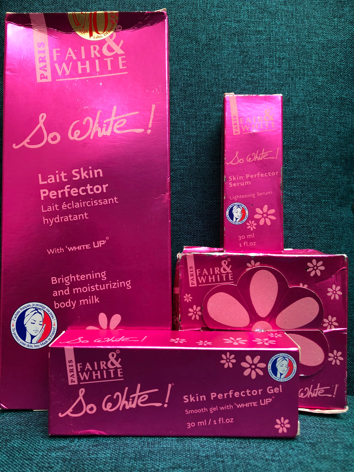 fair and white so white brightening and moisturizing body milk set ; Lotion + Serum + Soap + Gel - Afro Body Glow