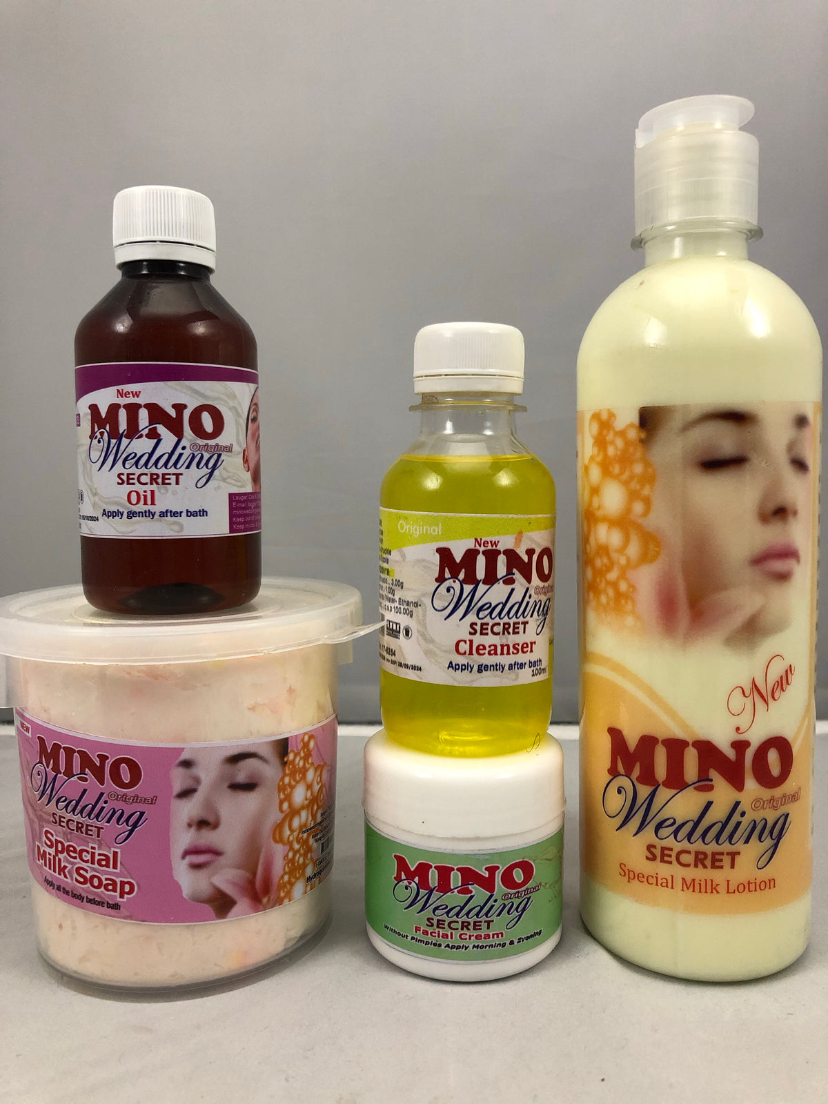 Mino wedding secret Set: Lotion 500ml, Soap 1lb, Oil 100ml, Cleanser 100ml, and cream 30ml